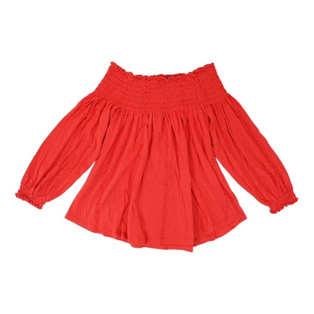 LAUREN RALPH LAUREN Women's Red Smocked Off-the-shoulder Blouse Shirt Top Medium